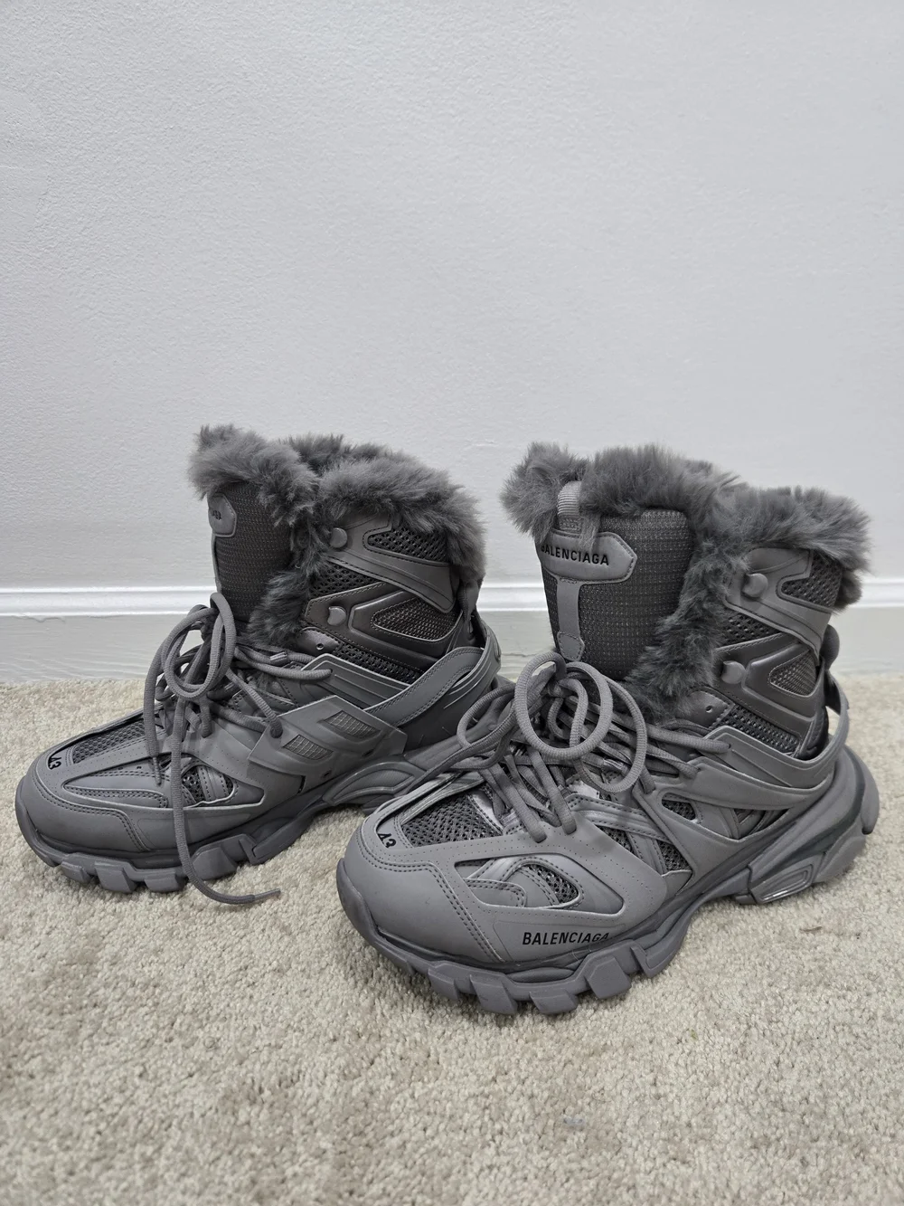 Balenciaga Gray Fur-Trim Trail Sneakers
